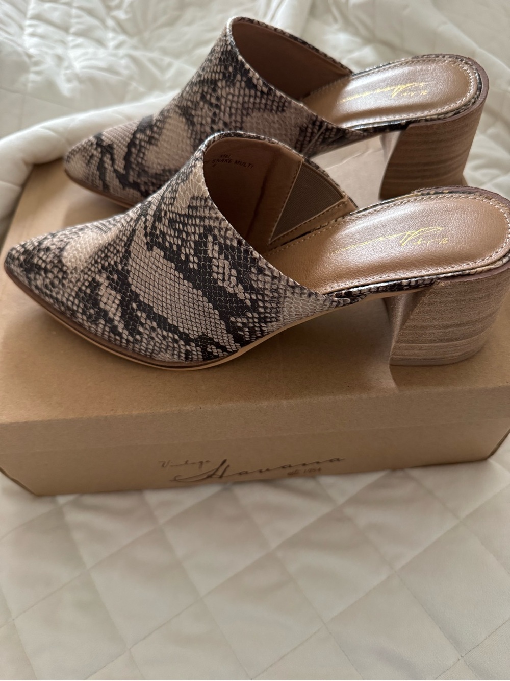 Vintage Havana Taupe and Black Snake-Print Block Heel Mules
